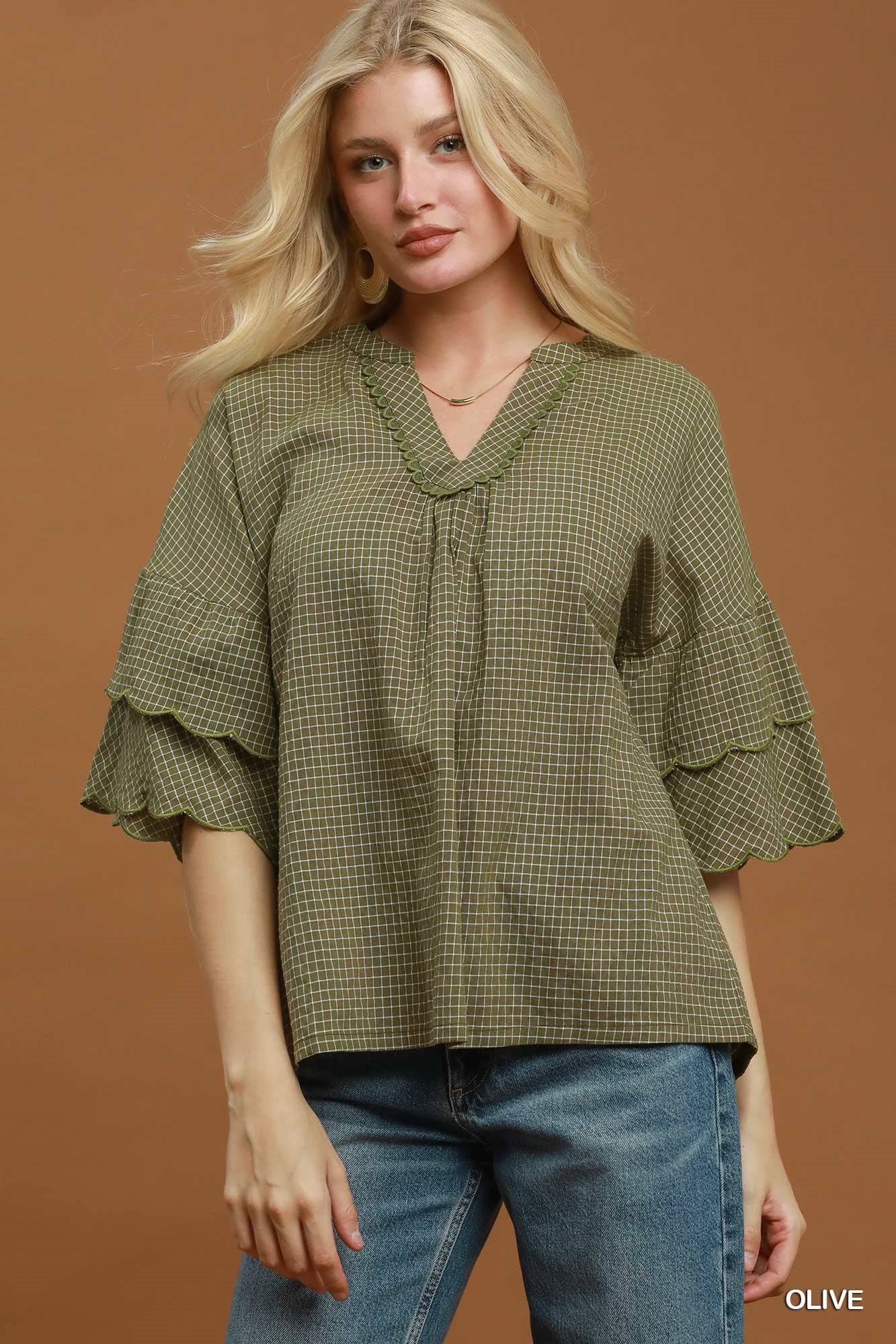 Candace Checkered Tiered Ruffled Sleeve Blouse Olive