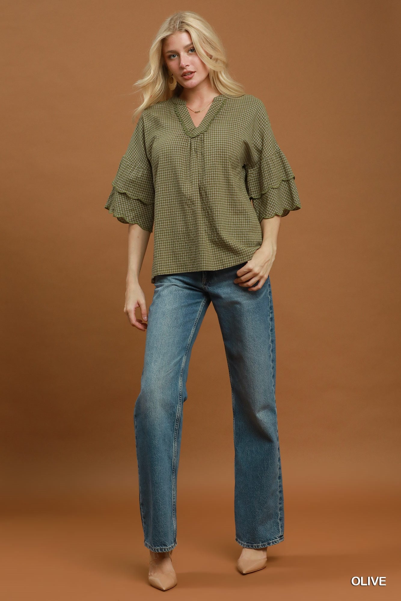 Candace Checkered Tiered Ruffled Sleeve Blouse Olive