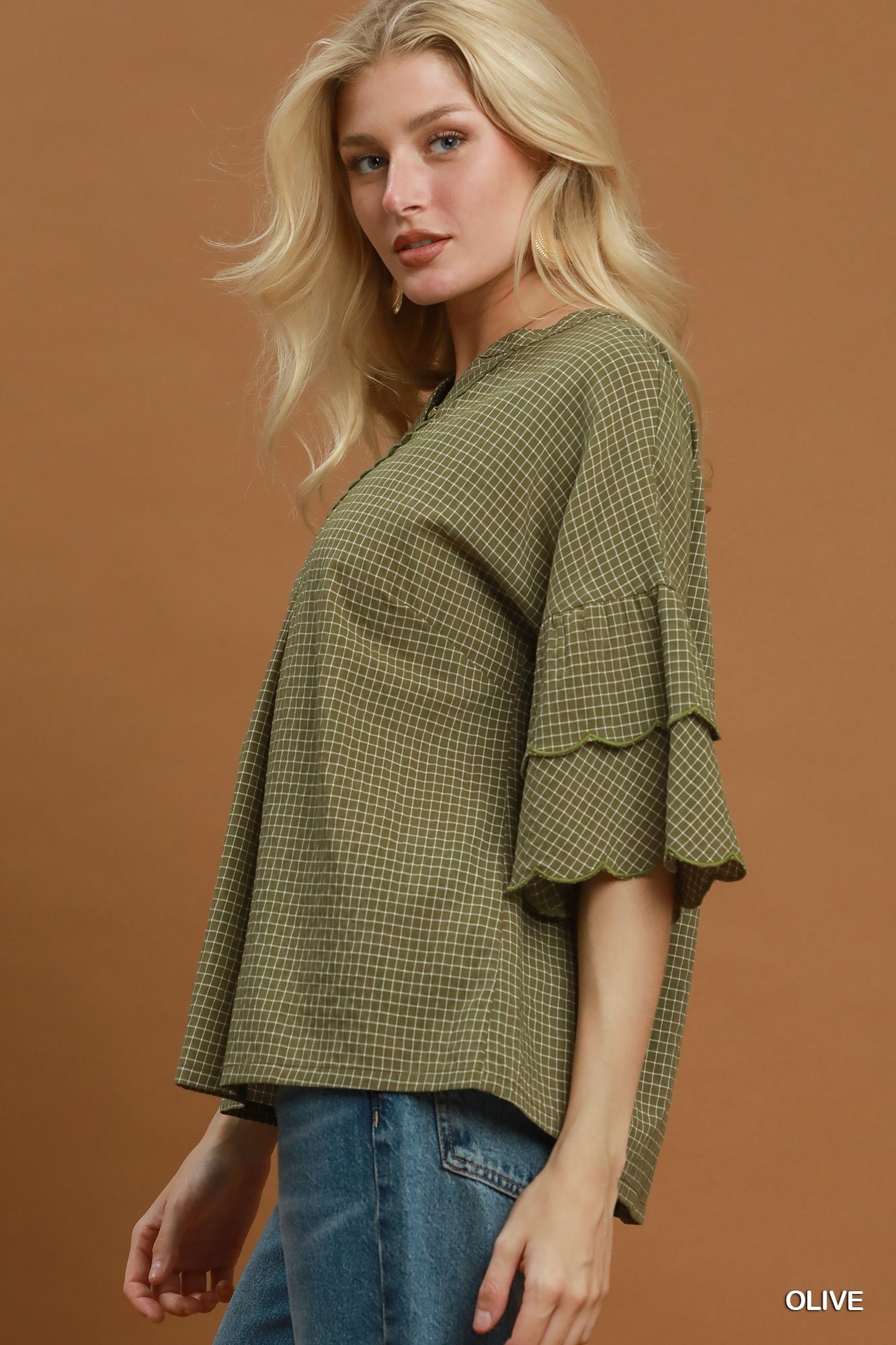 Candace Checkered Tiered Ruffled Sleeve Blouse Olive