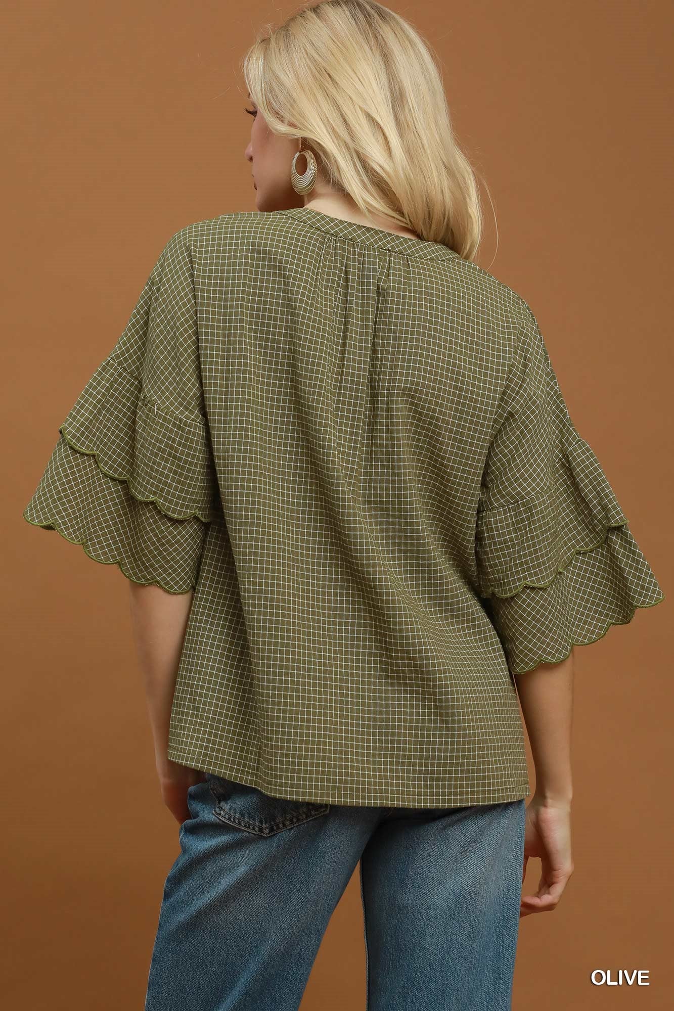 Candace Checkered Tiered Ruffled Sleeve Blouse Olive