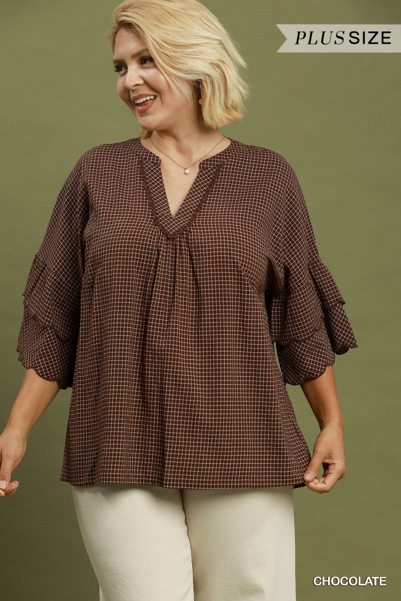 Candace Checkered Tiered Ruffled Sleeve Blouse Chocolate