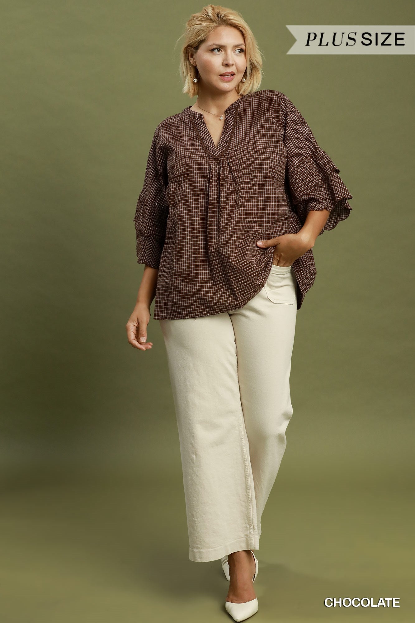Candace Checkered Tiered Ruffled Sleeve Blouse Chocolate