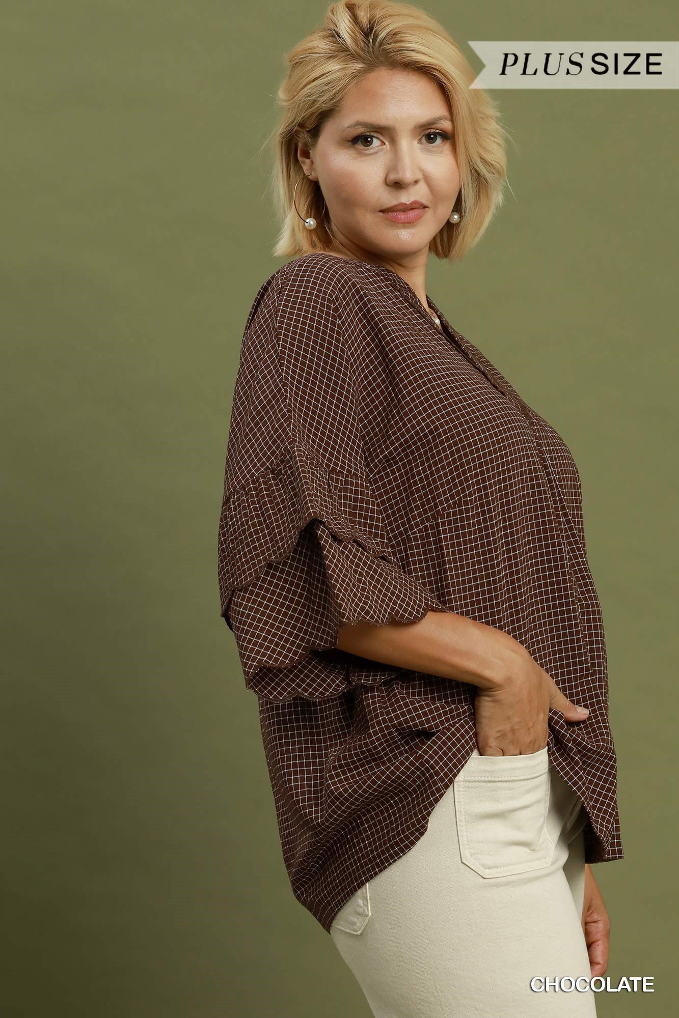 Candace Checkered Tiered Ruffled Sleeve Blouse Chocolate