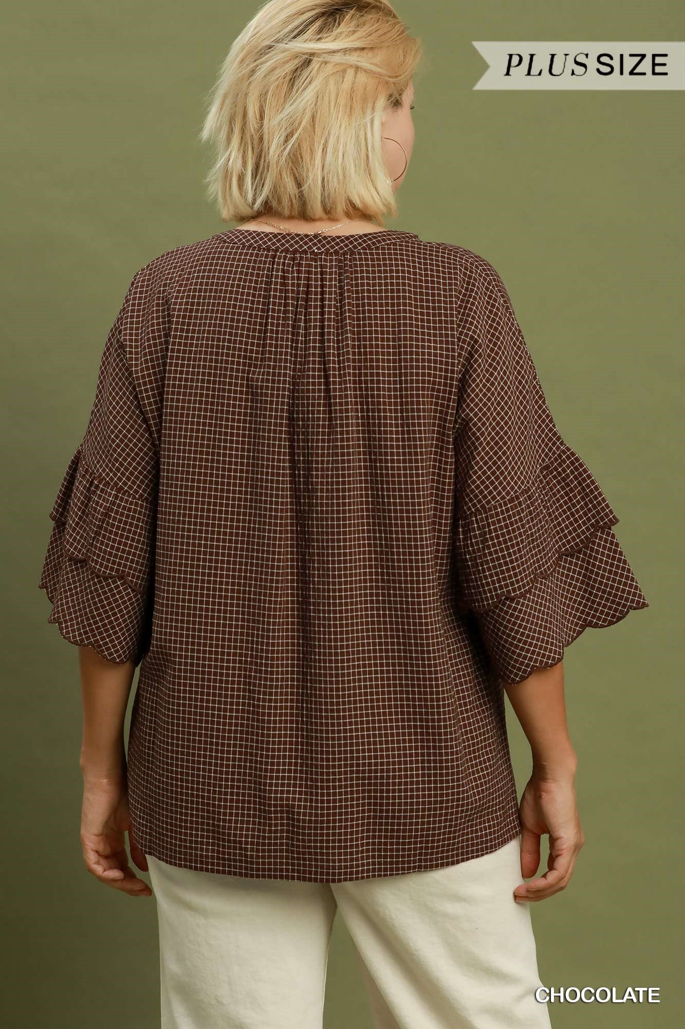 Candace Checkered Tiered Ruffled Sleeve Blouse Chocolate