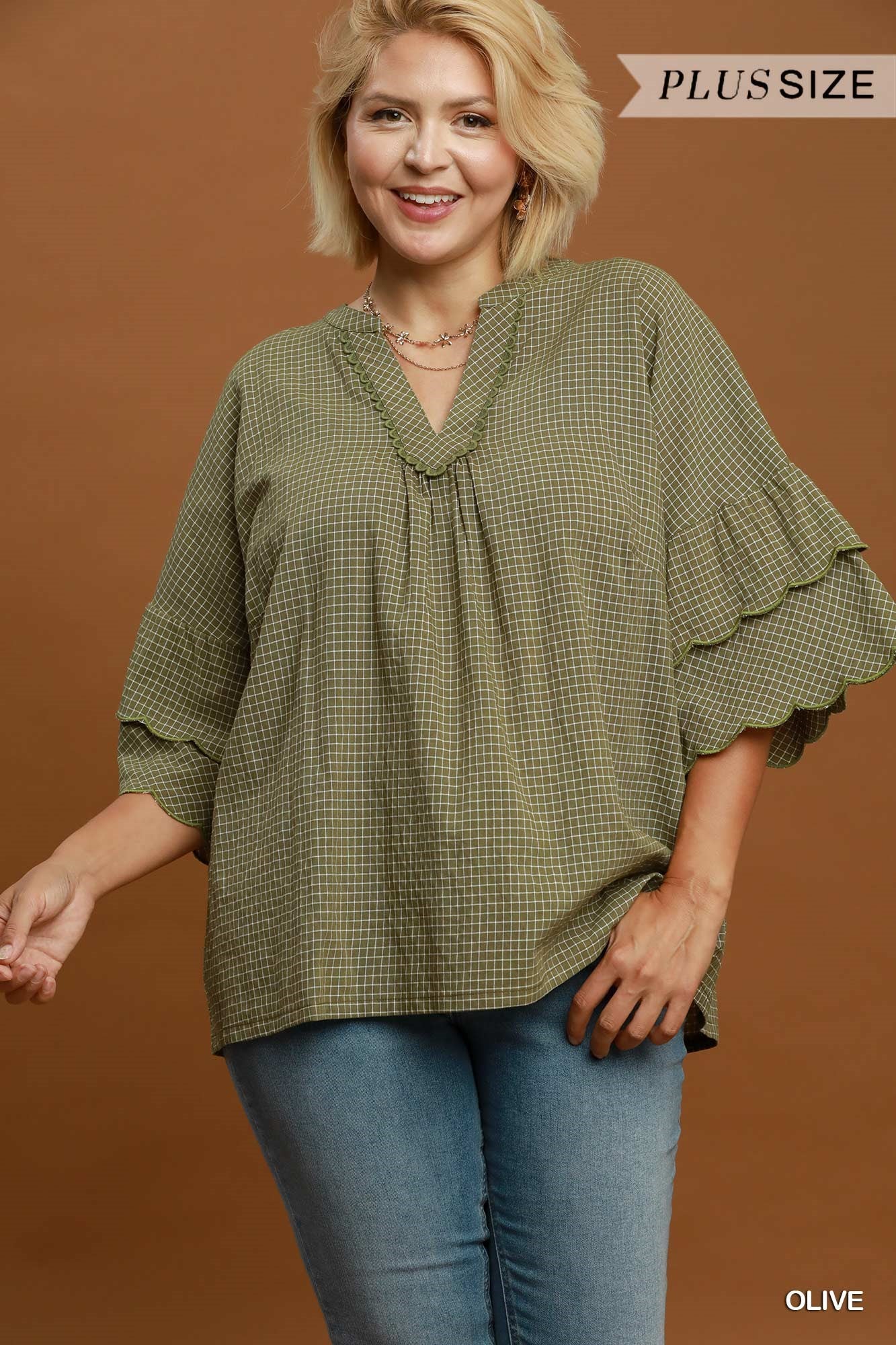Candace Checkered Tiered Ruffled Sleeve Blouse Olive