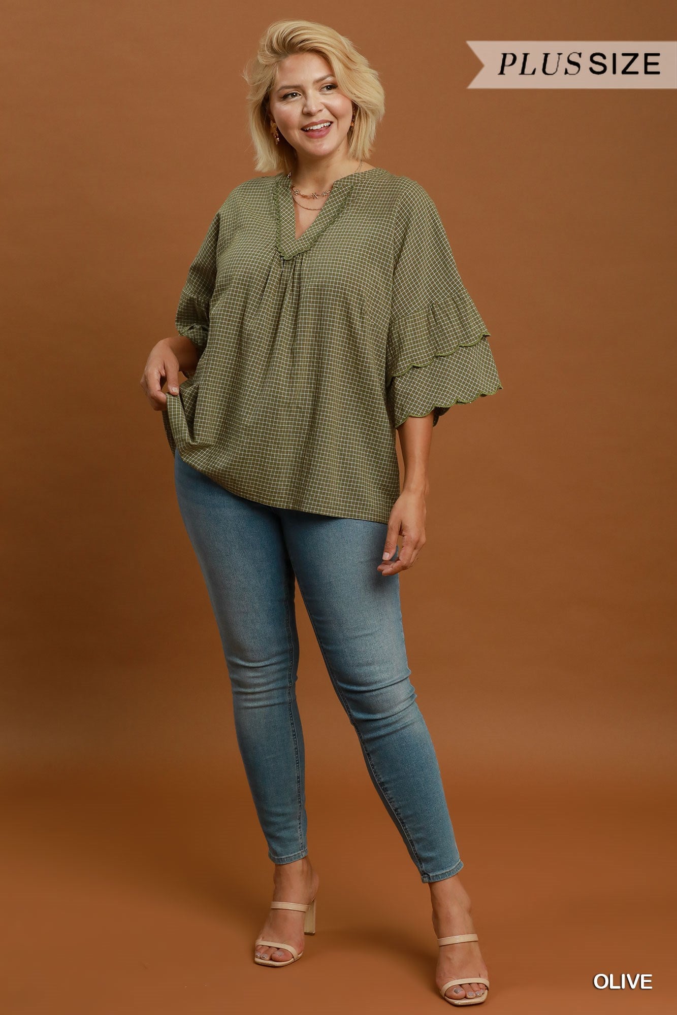Candace Checkered Tiered Ruffled Sleeve Blouse Olive