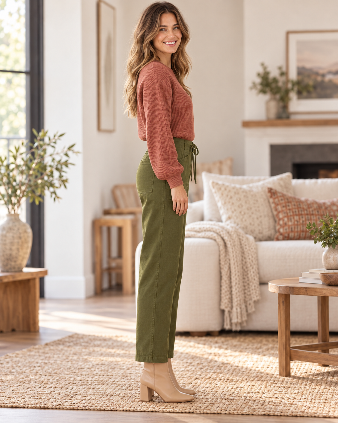 Riley Relax Fit Ribbon Seam Drawstring Pants Olive