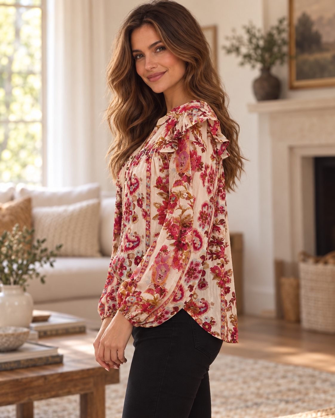 Francesca Floral Printed Blouse Ecru Mix