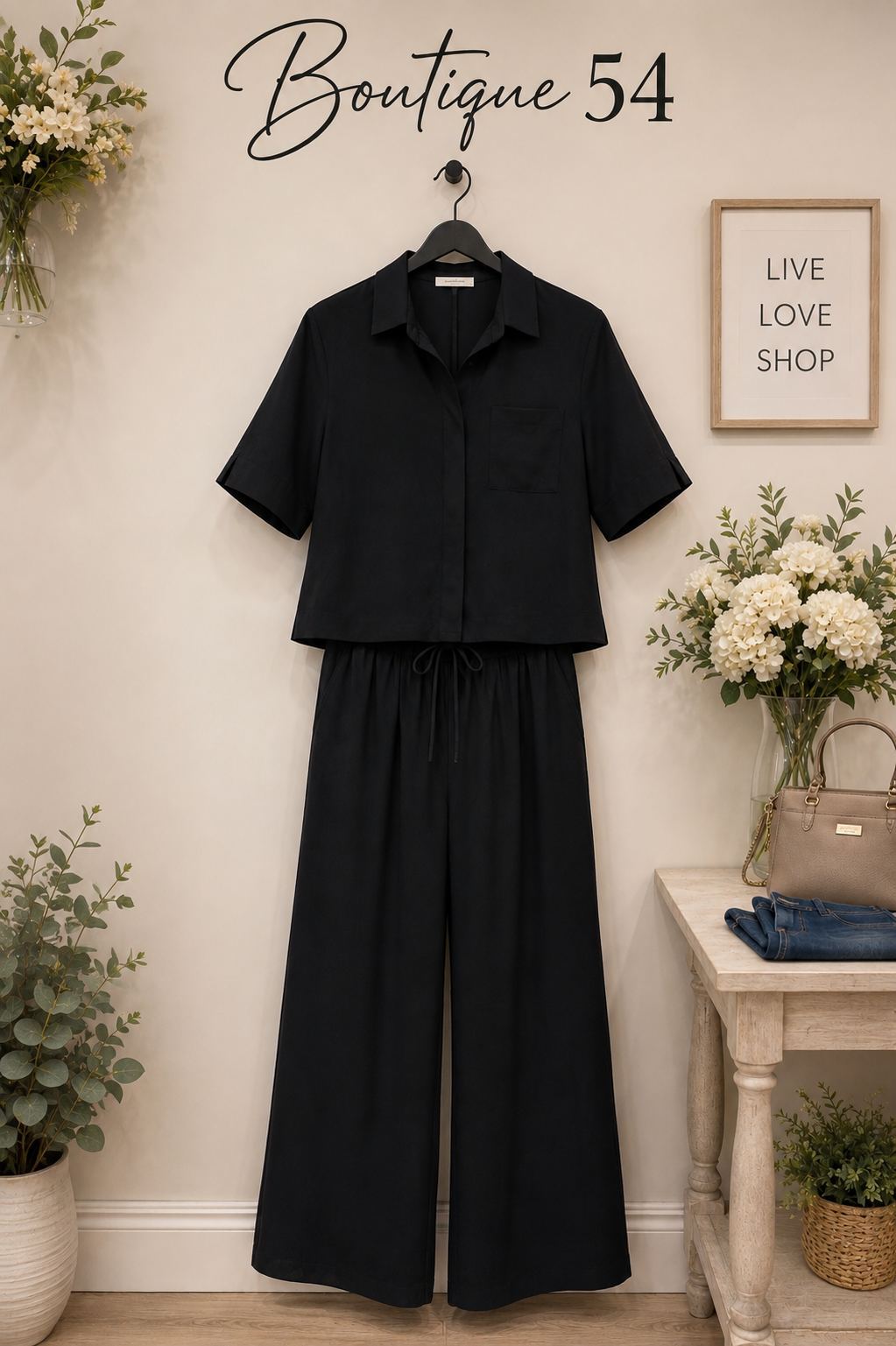 Sandy Short Sleeve Button Down Top & Pants Set Black