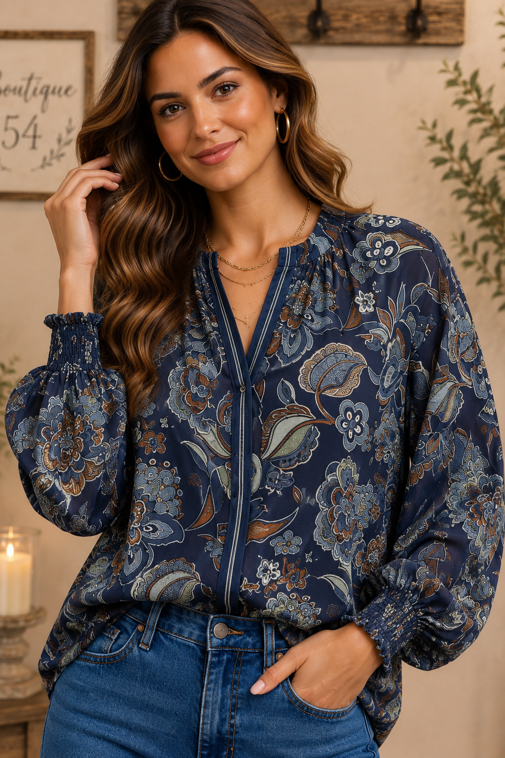 Brooklyn Split Neck Boho Blouse Navy