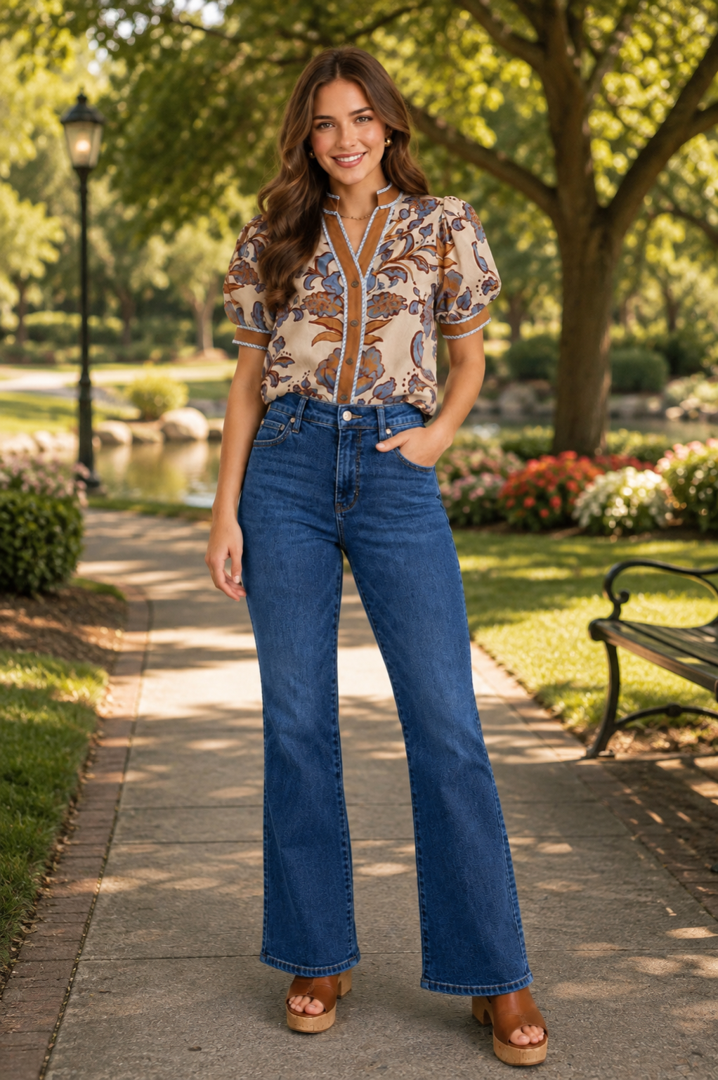 Francie Floral Print Puff Sleeve Contrast Detail Top Ecru