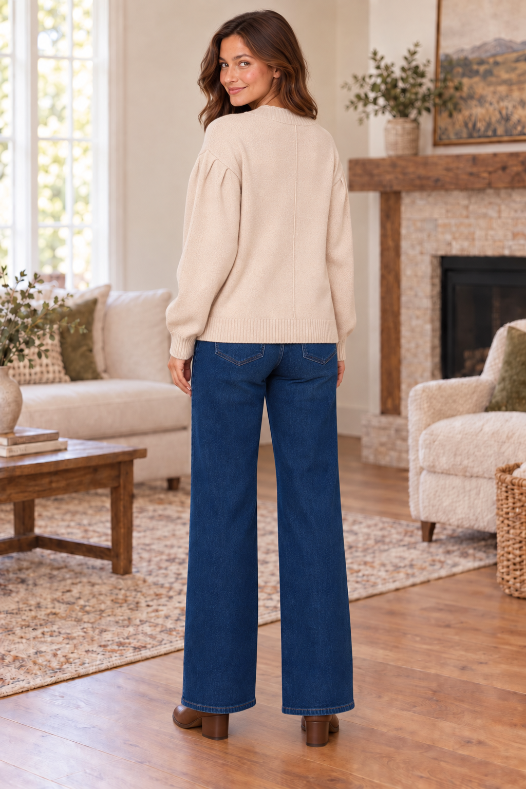 Delaney Drop Shoulder Long Puff Sleeve Sweater Cardigan Oatmeal