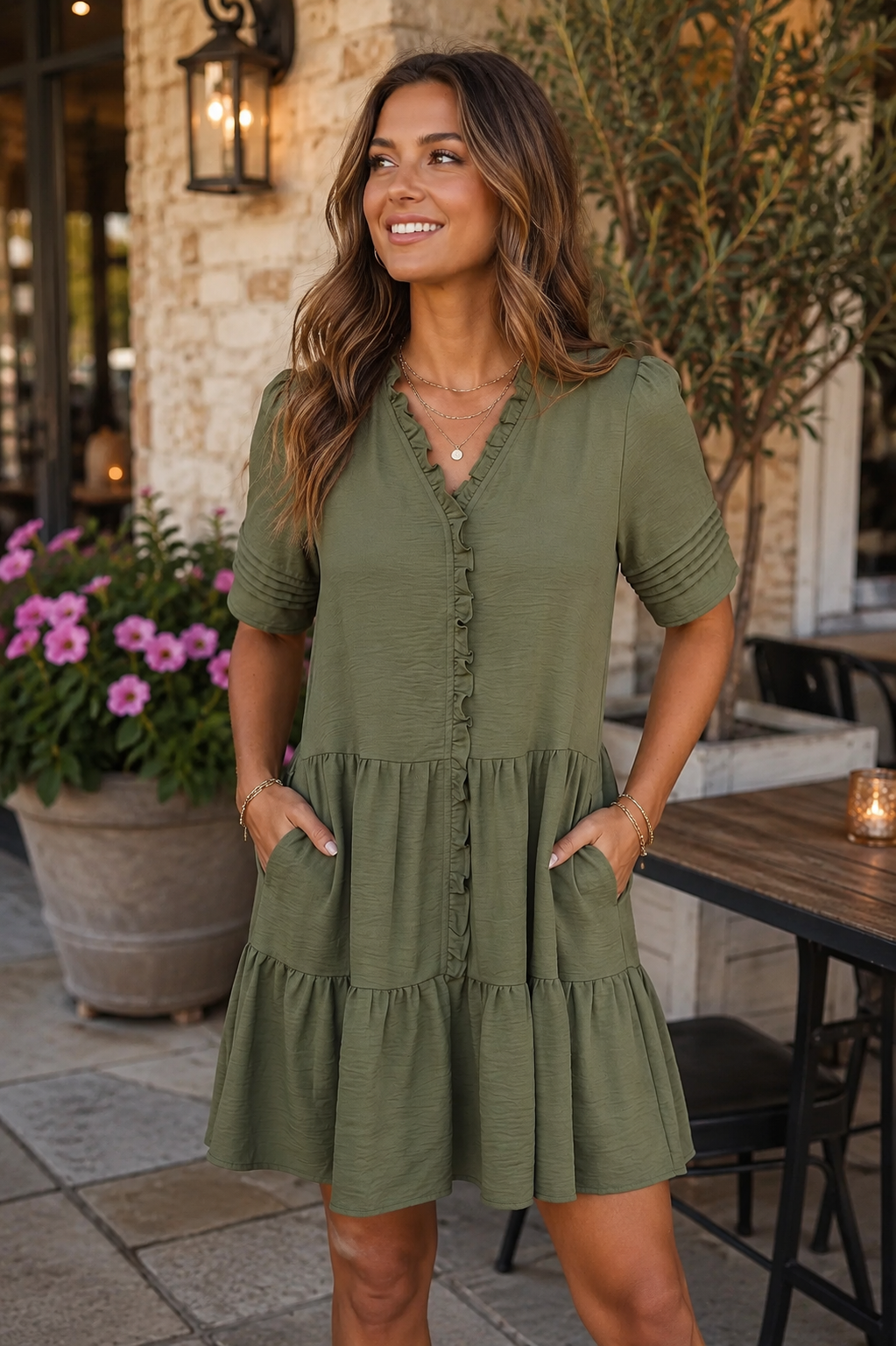 Haley Half Pleated Sleeve Ruffled Detail Tiered Mini Dress Olive