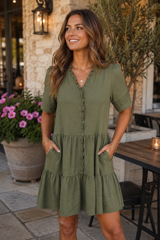 Haley Half Pleated Sleeve Ruffled Detail Tiered Mini Dress Olive