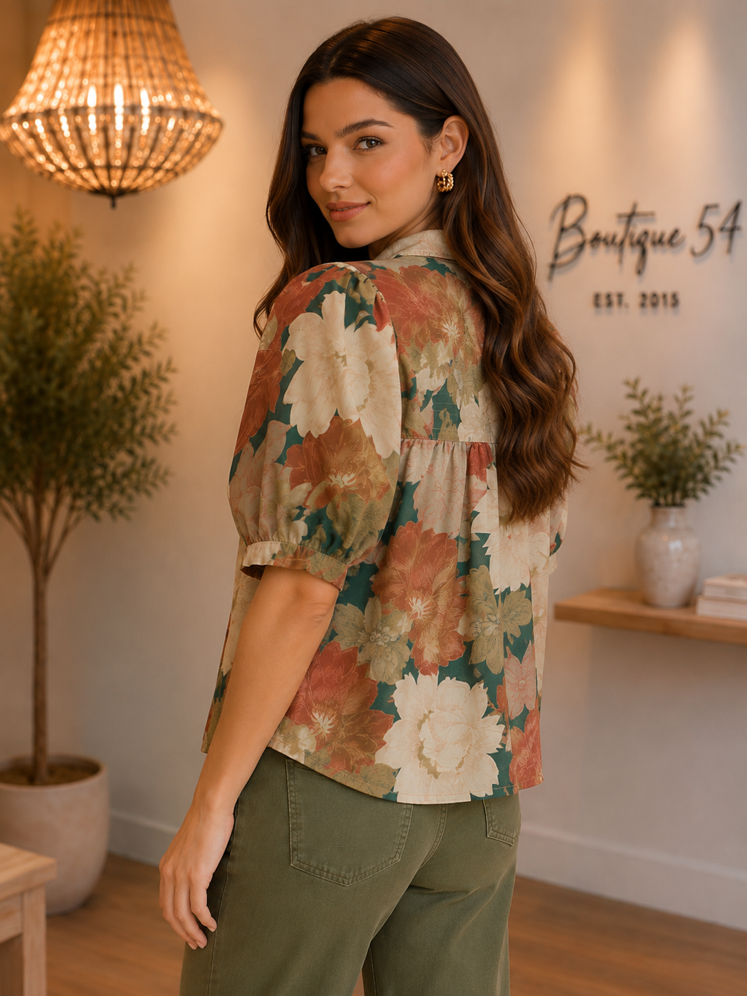 Foster Floral Print Puff Sleeve Smocked V Neck Top Teal