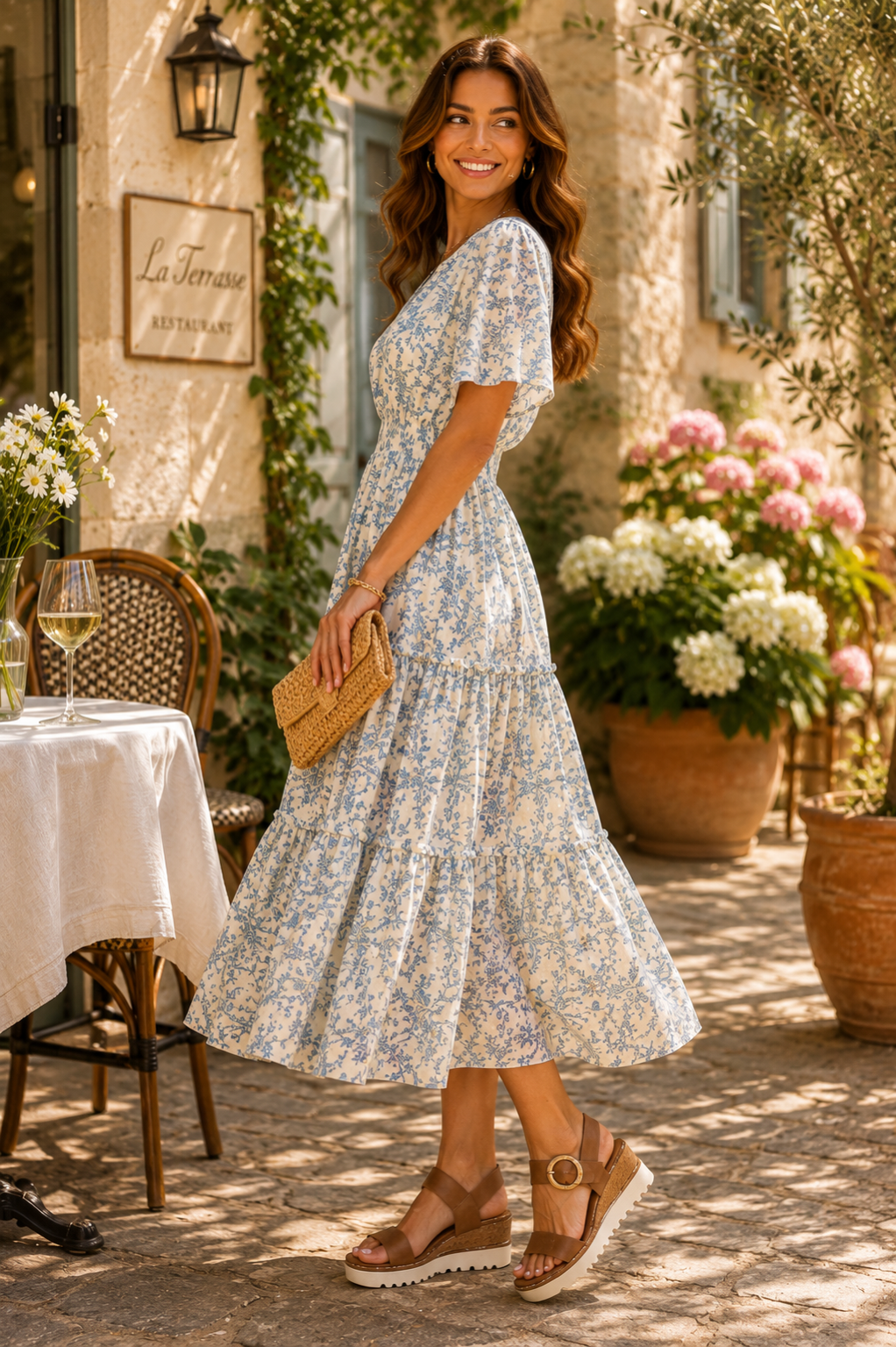 Serenity Short Sleeve Woven V Neck Tiered Midi Dress Blue