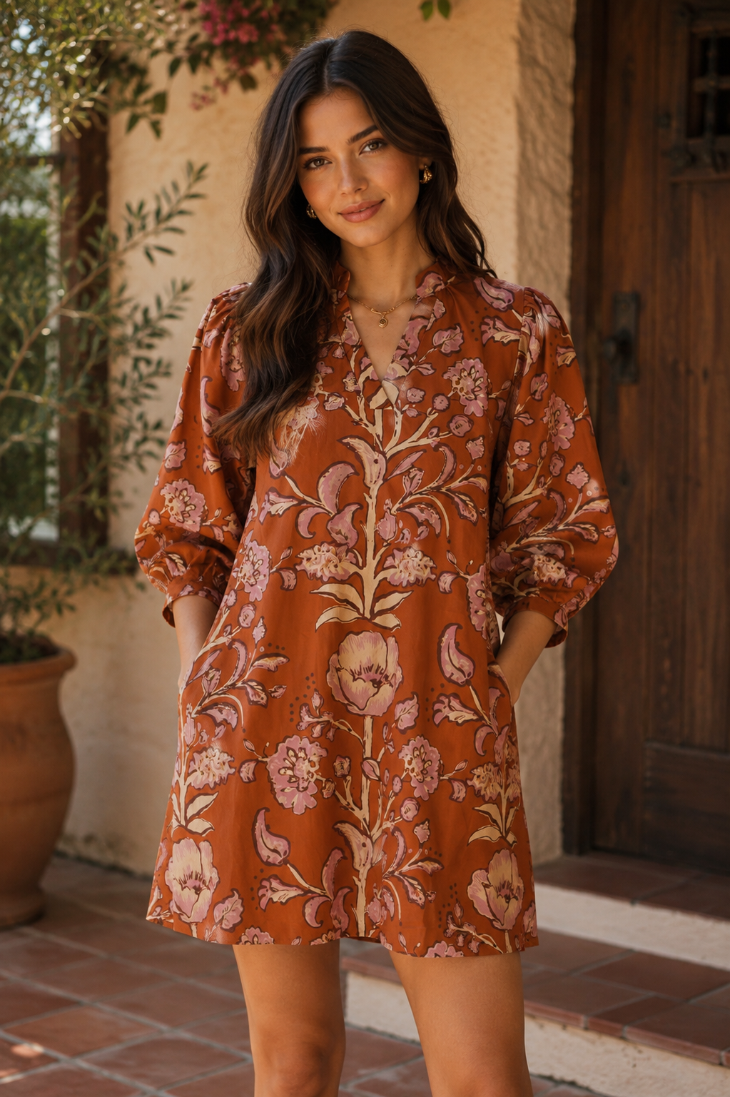 Sally Side Pocket 3/4 Sleeve Floral Dress Rust