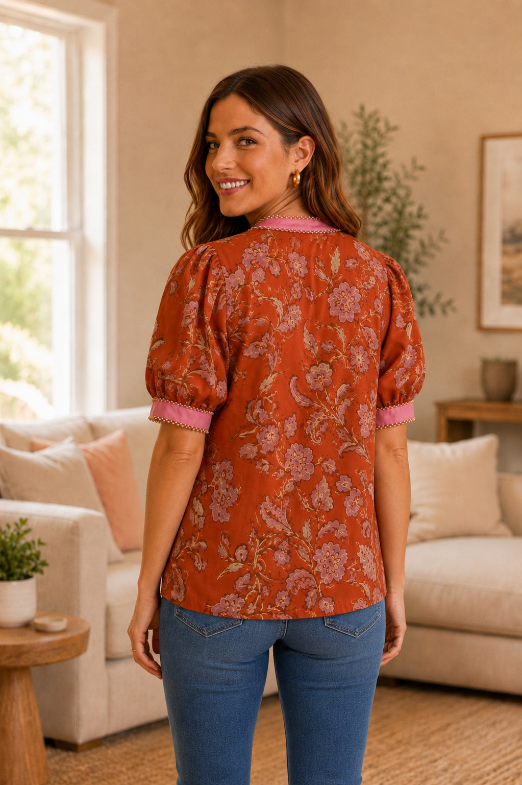 Francie Floral Print Puff Sleeve Contrast Detail Top Rust