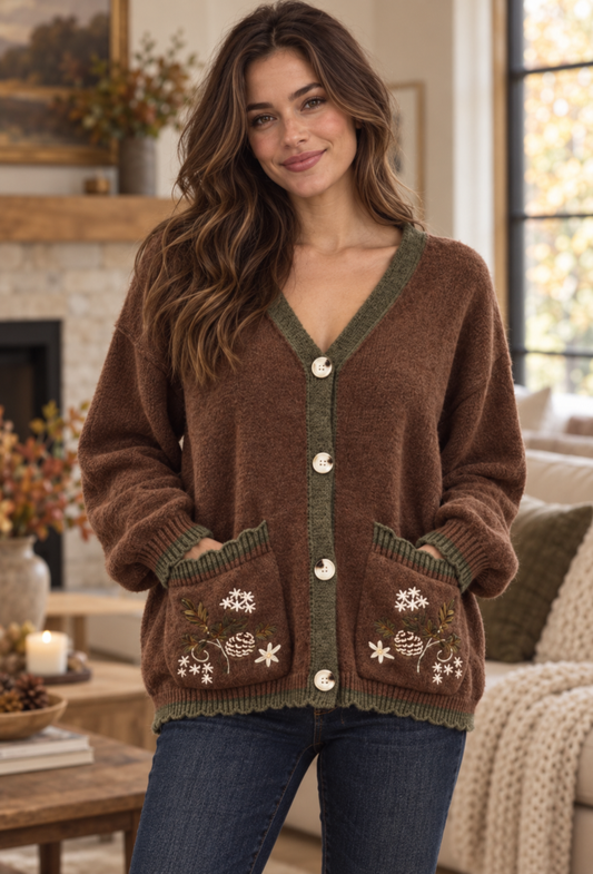 Maple Floral Embroidery Soft Knit Cardigan Forest Mocha