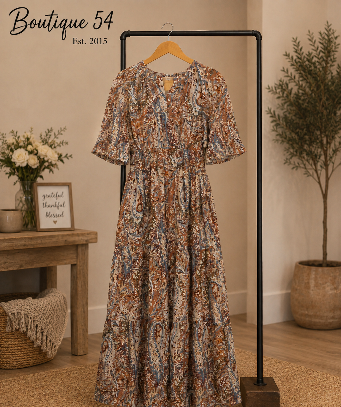 Pamela Half Flutter Sleeve Printed Maxi Dress Cinnamon