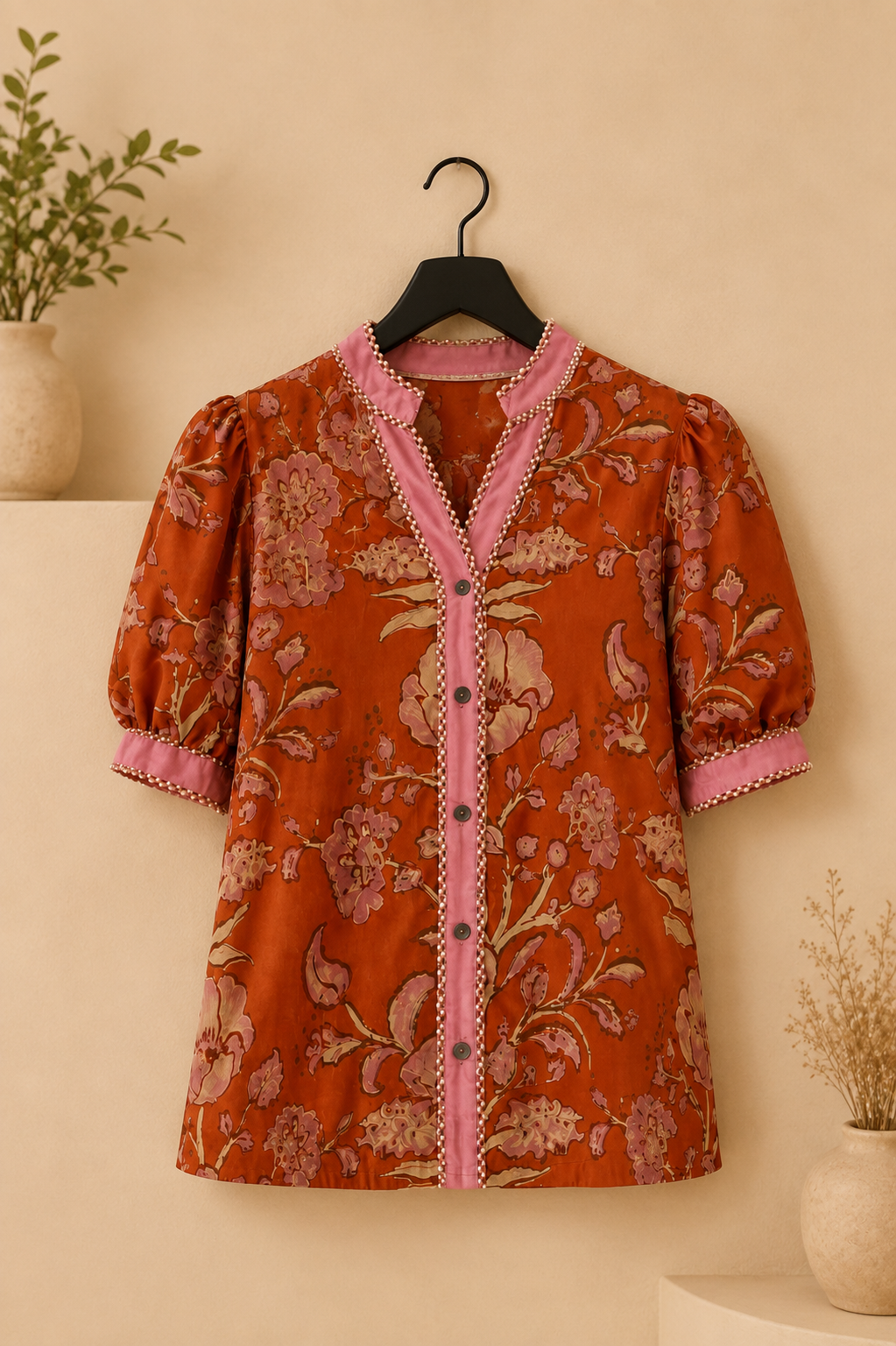 Francie Floral Print Puff Sleeve Contrast Detail Top Rust