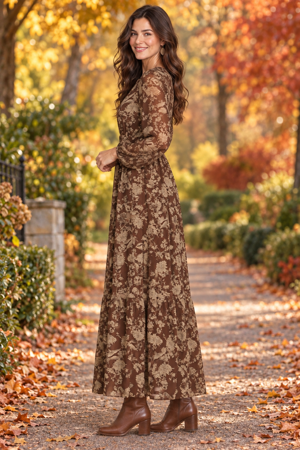 Leonora Long Sleeve Floral Tiered Maxi Dress Brown