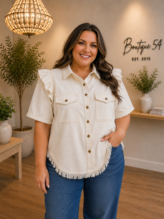 Raylee Ruffled Sleeve Linen Button Up Top Oatmeal