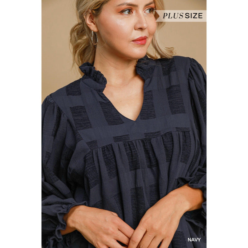 Jasmine Jacquard Ruffle V-Neck Top Navy