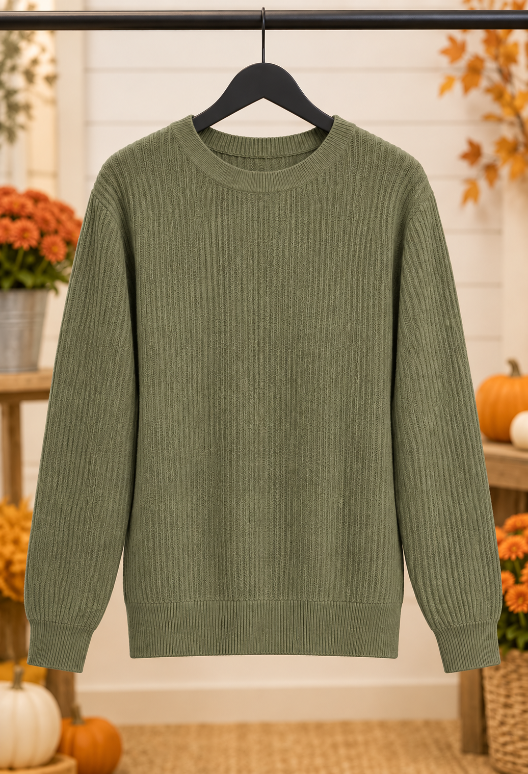 Vera Vertically Textured Balloon Sleeve Sweater Ivory Olive