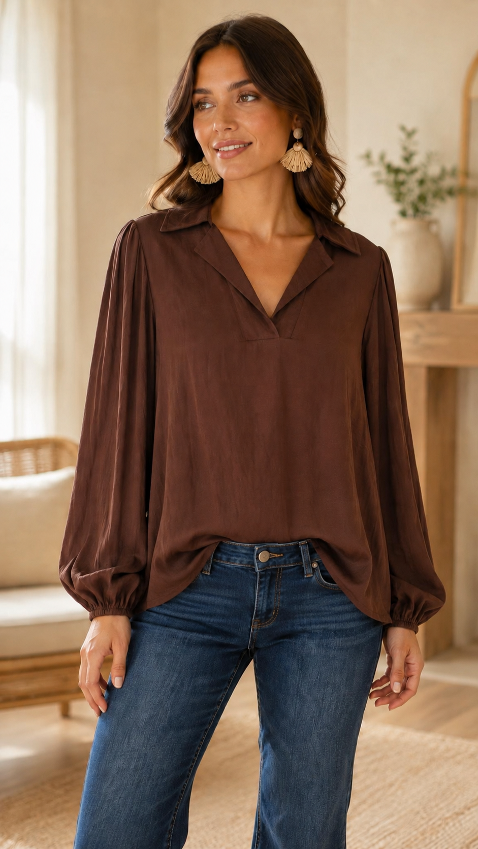 Collin Collared Long Sleeve Textured Blouse Chocolate