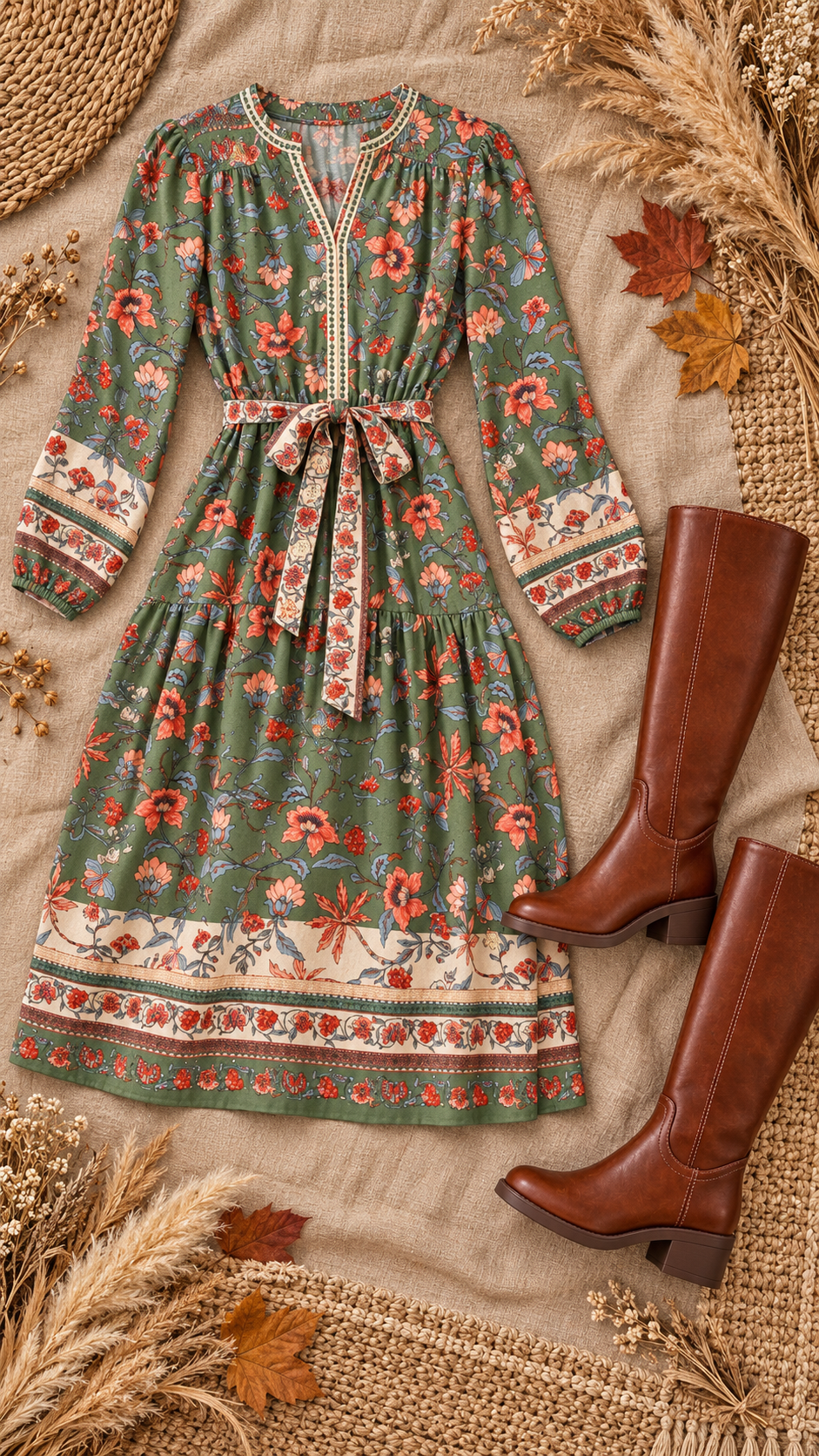 Presley Floral Border Print Belted Midi Dress Sage