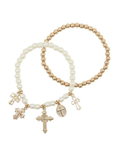 2 Row Cross Multi Charm & Pearl Bracelet Cream