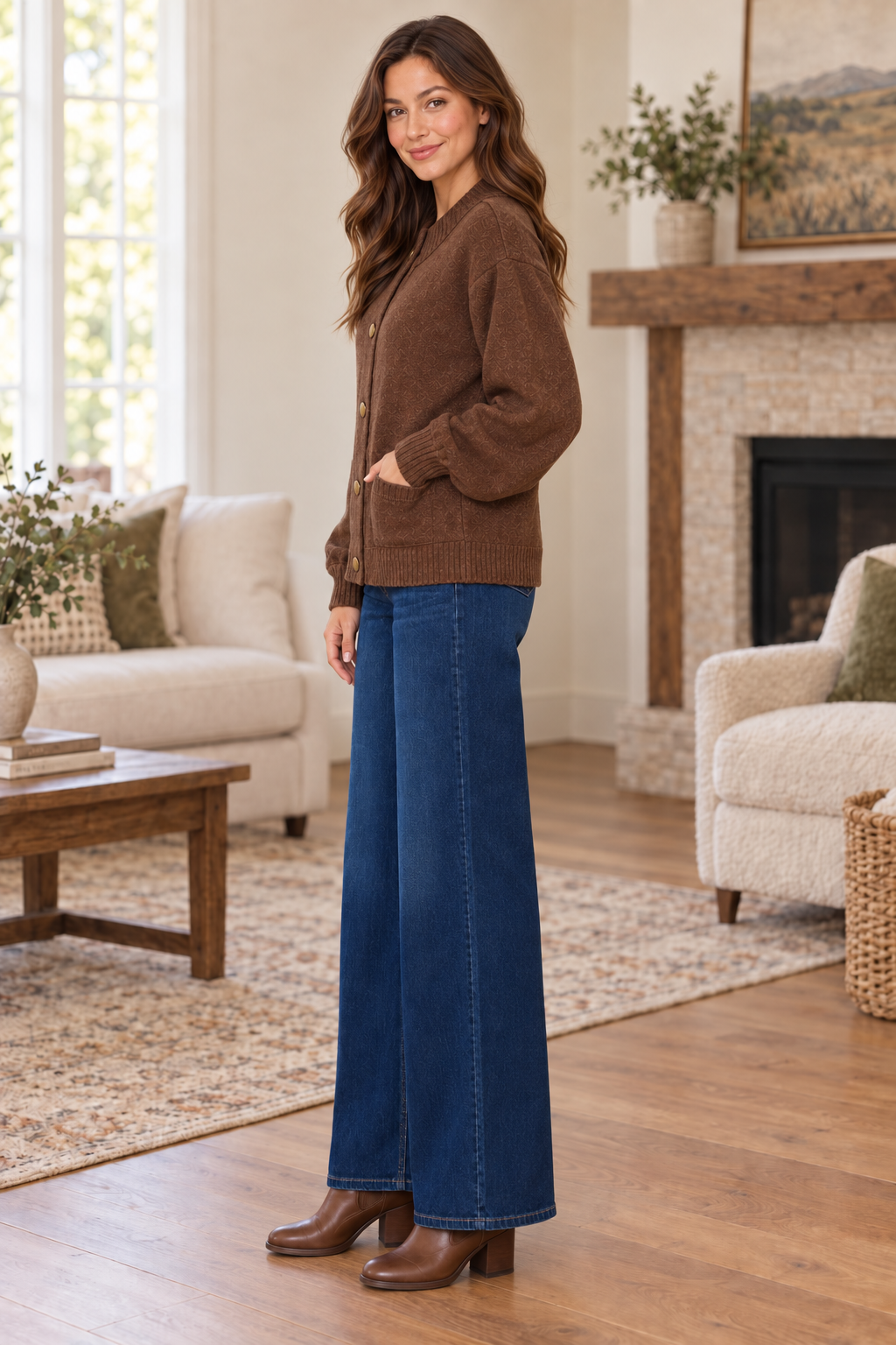 Delaney Drop Shoulder Long Puff Sleeve Sweater Cardigan Brown