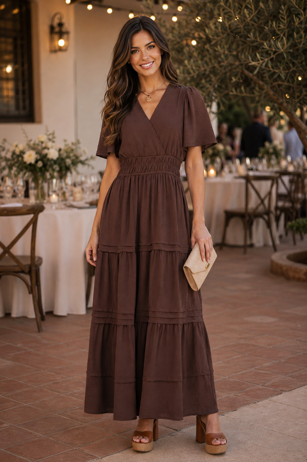 Hadley Half Sleeve Tiered Maxi Dress Dark Brown