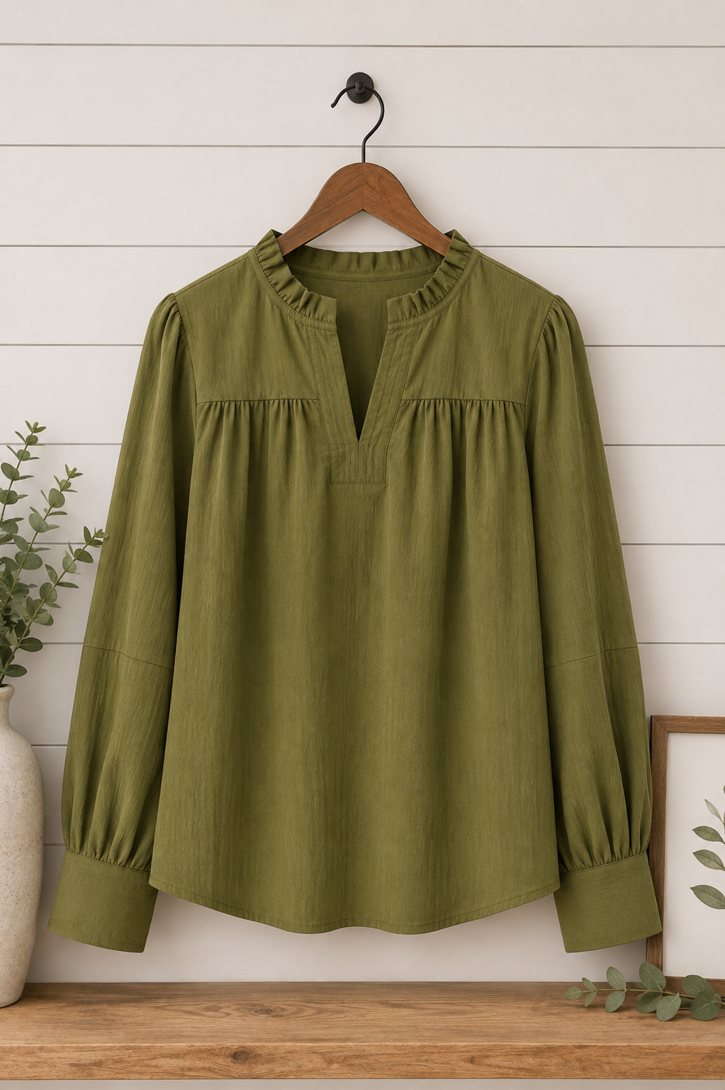 Lydia Long Sleeve Solid Crinkled Top Olive