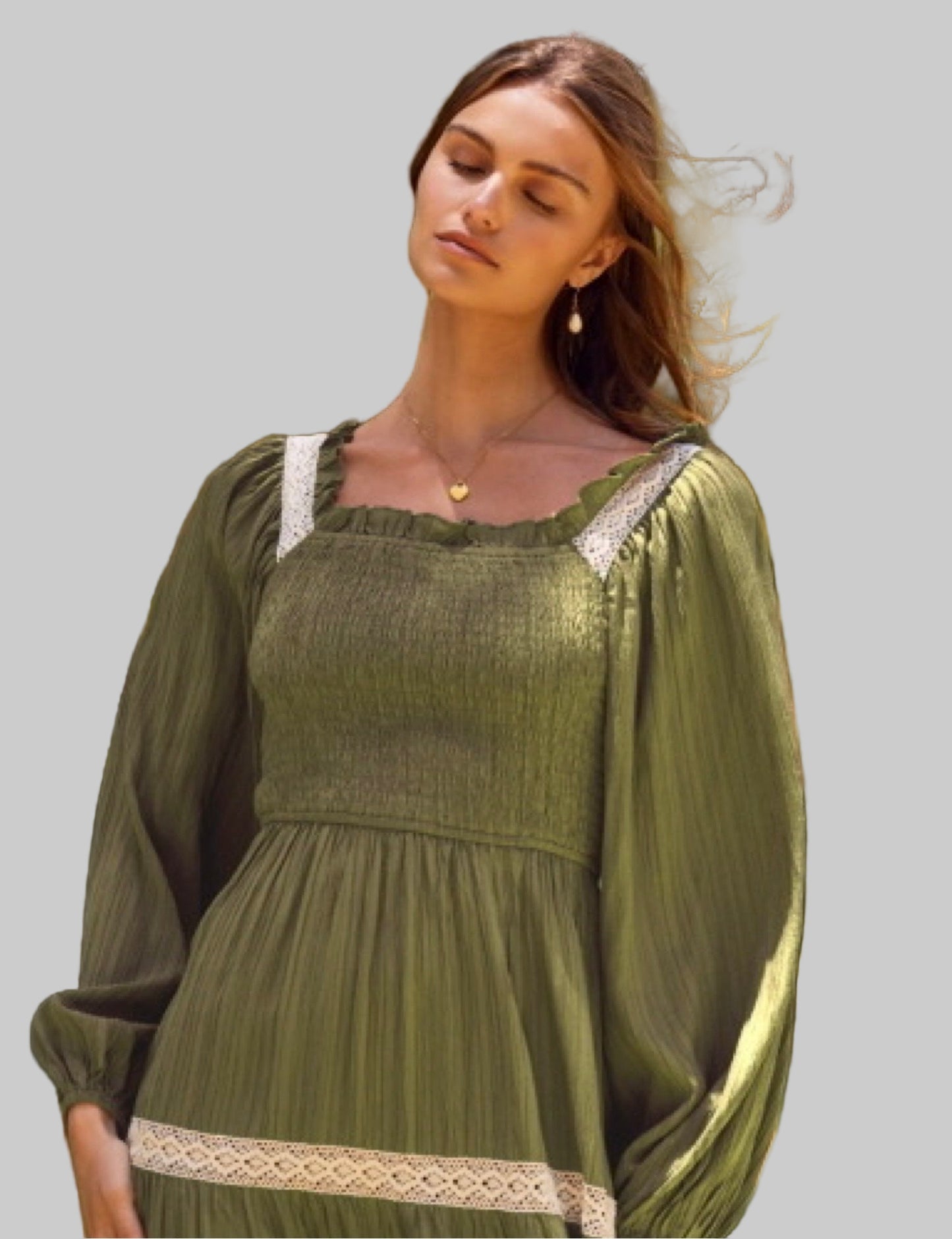 Lydia Lace Trim Smocked Midi Dress Olive