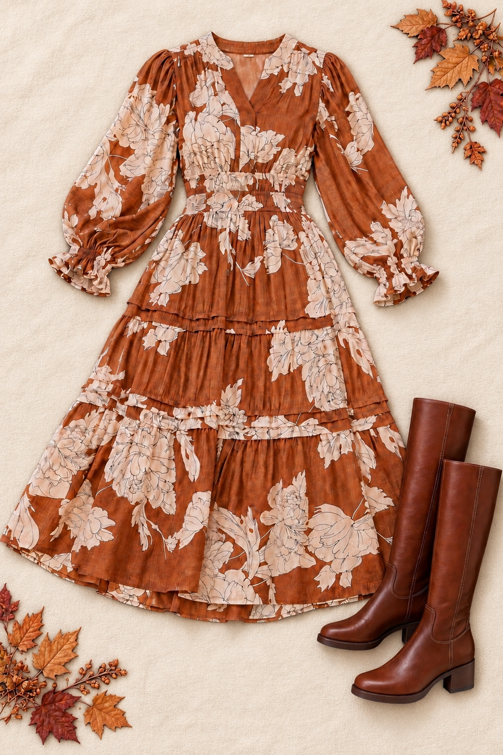 Palmer 3/4 Sleeve Floral Tiered Midi Dress Caramel
