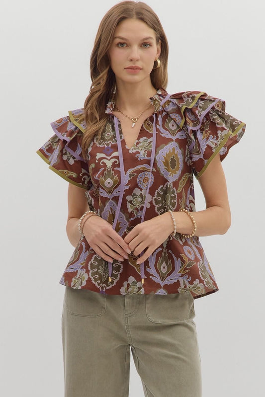 Evelyn Tiered Ruffle Sleeve Top Red Bean