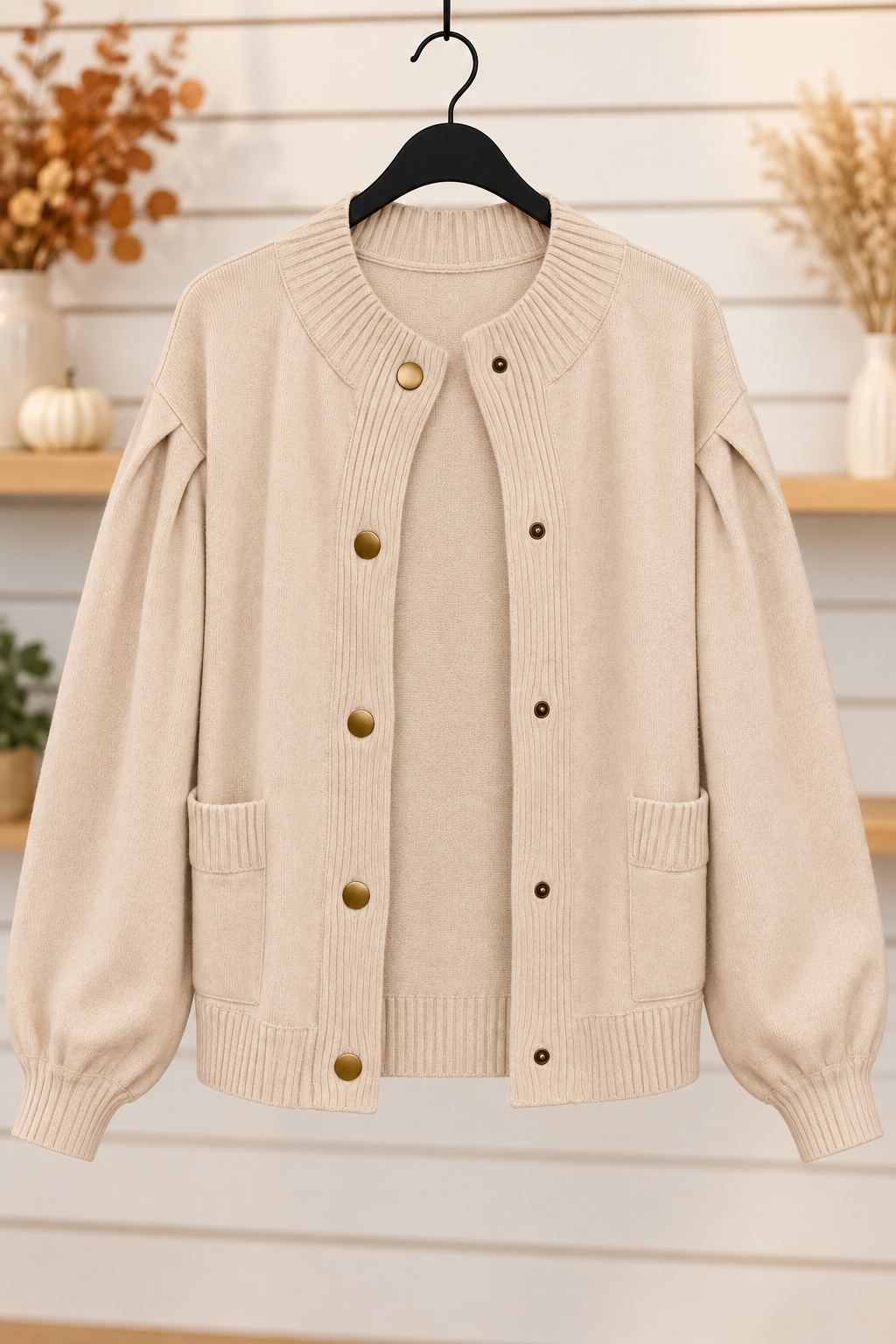 Delaney Drop Shoulder Long Puff Sleeve Sweater Cardigan Oatmeal