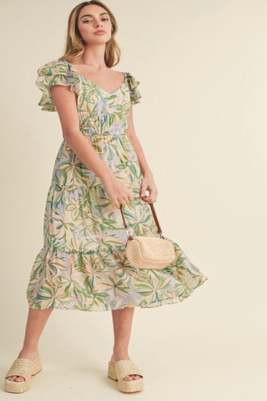 Frances Floral Print Smocked Cut Out Back Midi Dress Sage