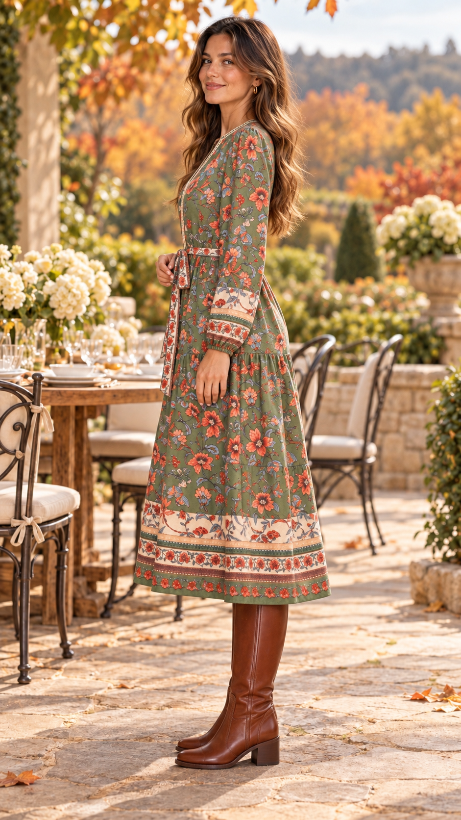 Presley Floral Border Print Belted Midi Dress Sage