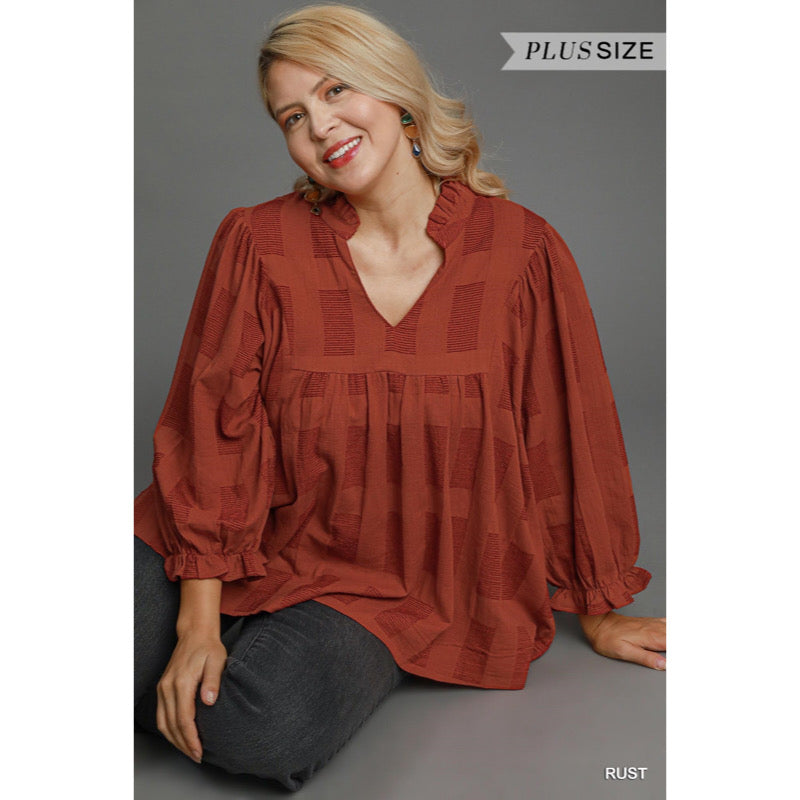 Jasmine Jacquard Ruffle V Neck Top Rust