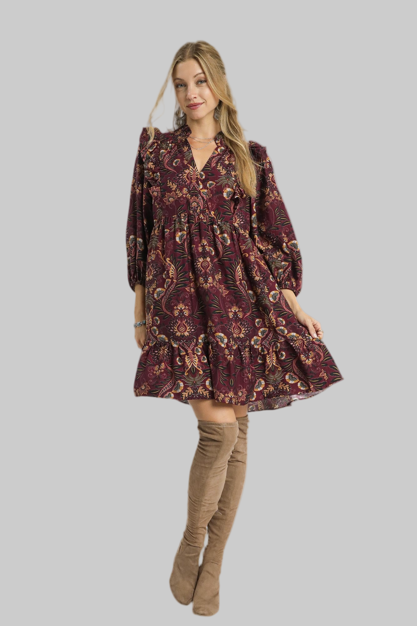 Mandy Mix Floral Long Sleeve Dress Wine