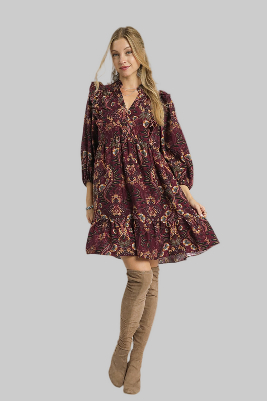 Mandy Mix Floral Long Sleeve Dress Wine
