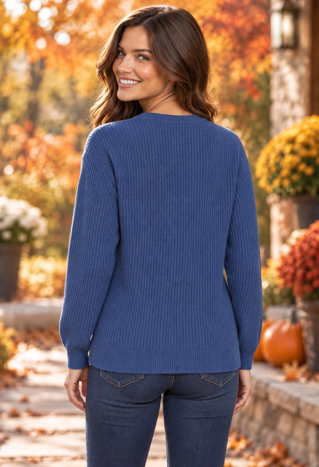 Vera Vertically Textured Balloon Sleeve Sweater Denim