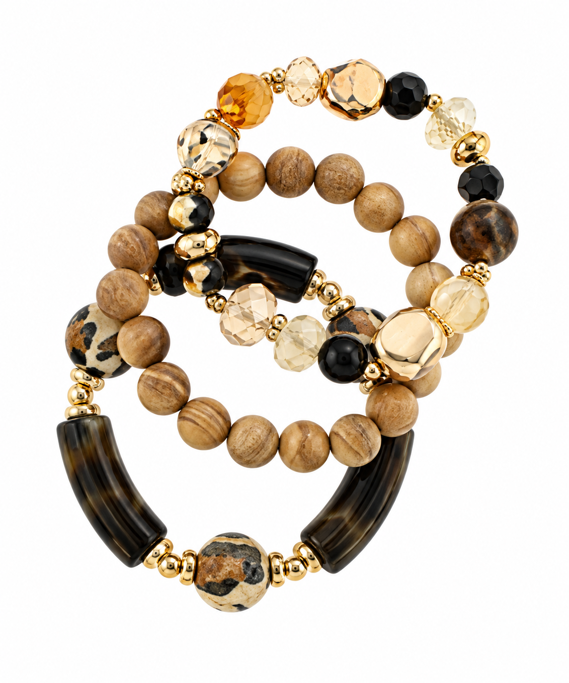 Row Wood Bead & Cylinder Bracelet