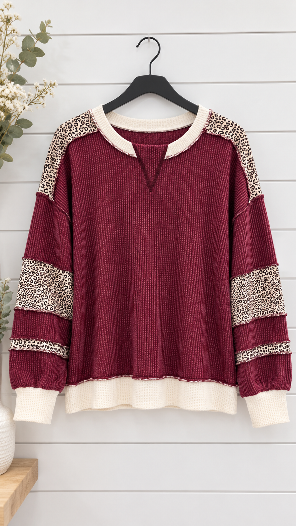 Lucy Leopard Print Contrast Ribbed Sweatshirt Burgundy