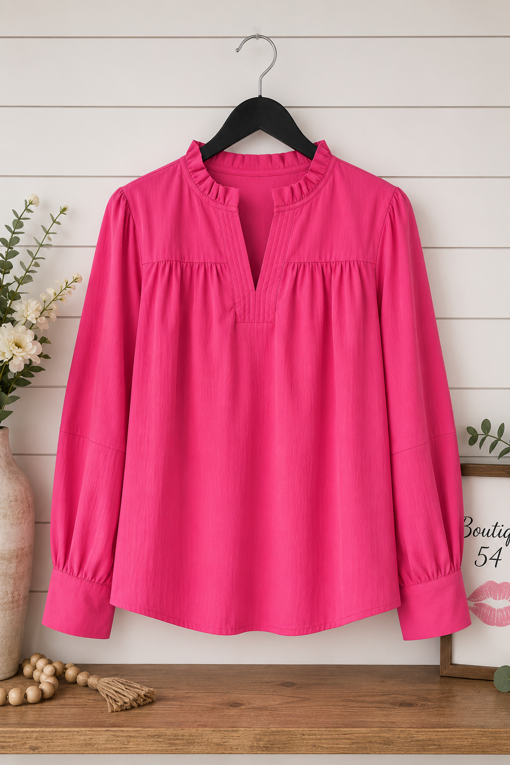 Lydia Long Sleeve Solid Crinkled Top Magenta