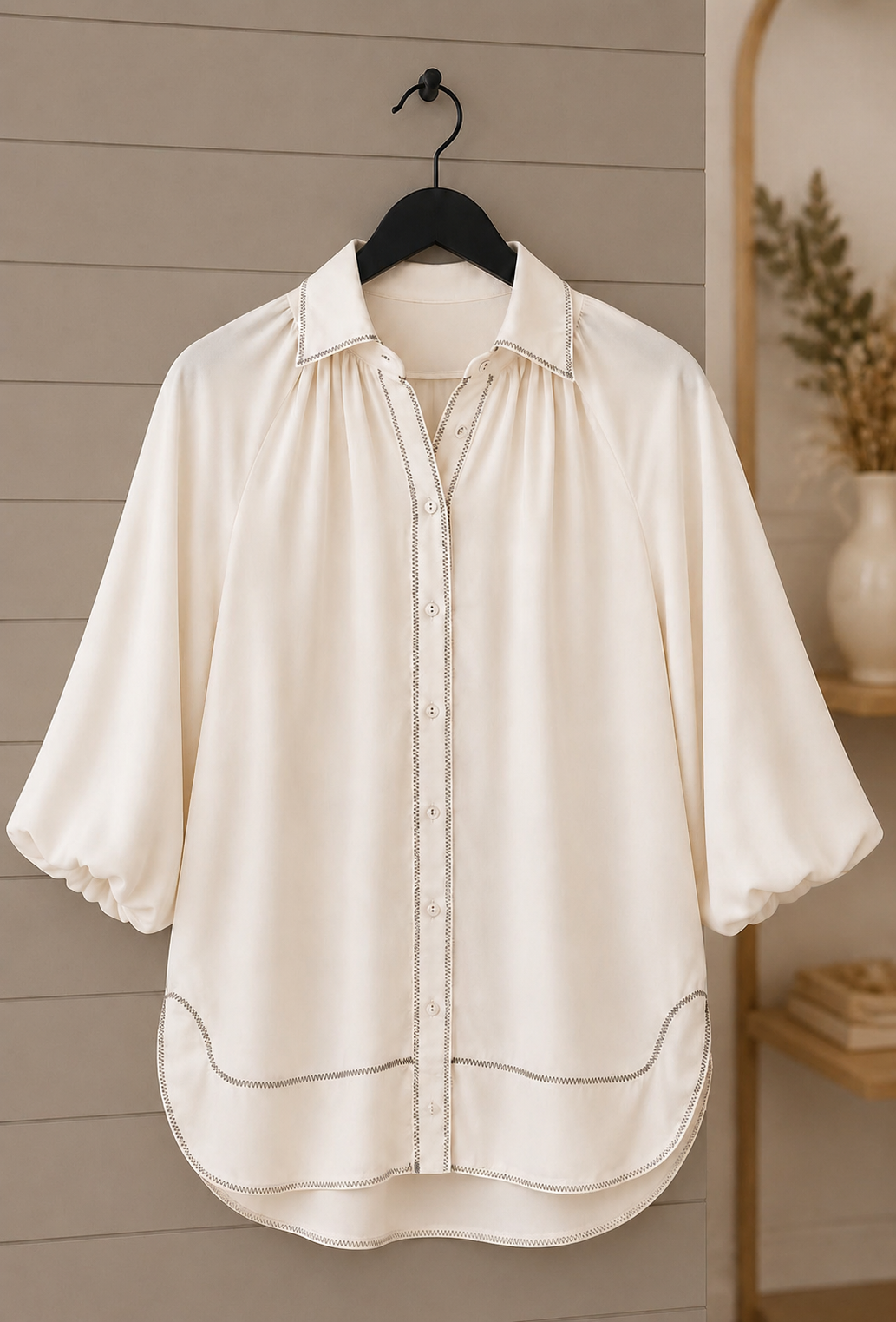 Sierra Satin Balloon Sleeve Button Down Blouse Cream'