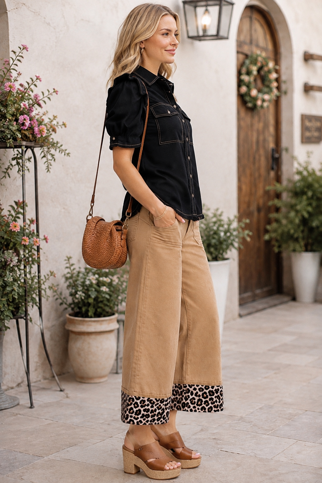 Raylee Ruffled Sleeve Linen Button Up Top Black